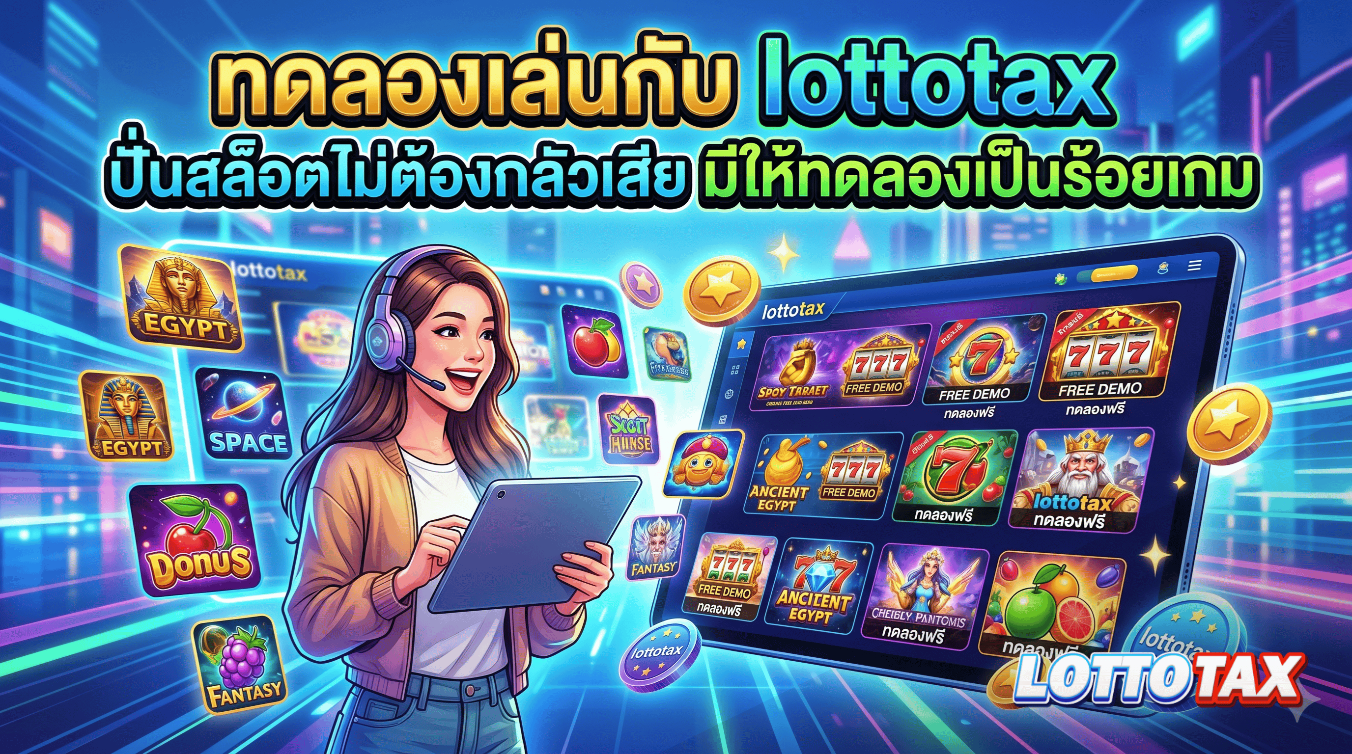 ทดลองเล่นกับ lottotax ปั่นสล็อตไม่ต้องกลัวเสีย มีให้ทดลองเป็นร้อยเกม